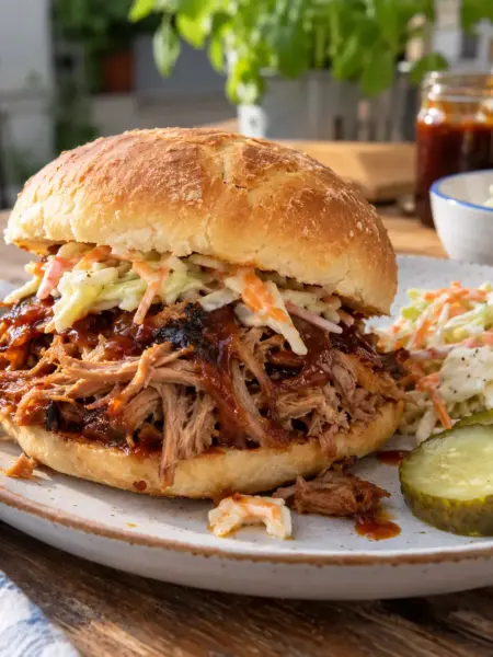 Saftiges Pulled-Pork-BBQ-Sandwich mit Beilagen