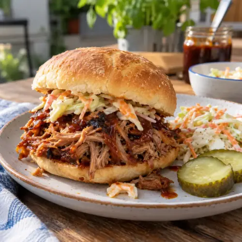 Saftiges Pulled-Pork-BBQ-Sandwich mit Beilagen